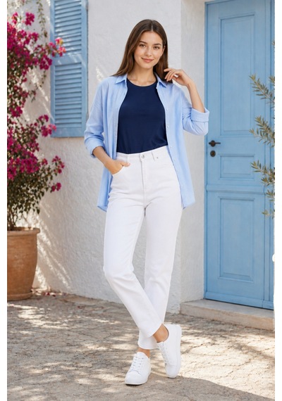 Woddi Kadın Beyaz Mom Jeans Yüksek Bel Denim Kot Pantolon