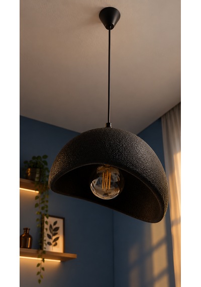 Beton Görünümlü Tekli Sarkıt Avize Dokulu Modern Bohem İskandinav Salon Mutfak G95 Rustik Led Ampul Hediyeli Siyah