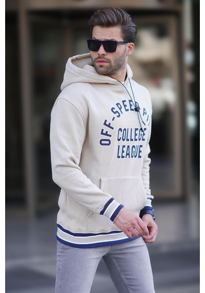 Madmext Bej Kapüşonlu Cep Detaylı Baskılı Erkek Sweatshirt 7068 Bej