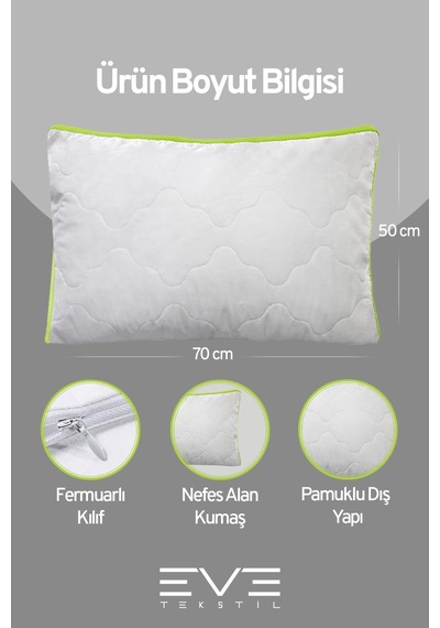 4 Adet Yeşil Serisi Kılıflı Fermuarlı Klimali Antialerjik Silikon Nano Elyaf Yastık 50x70cm Beyaz
