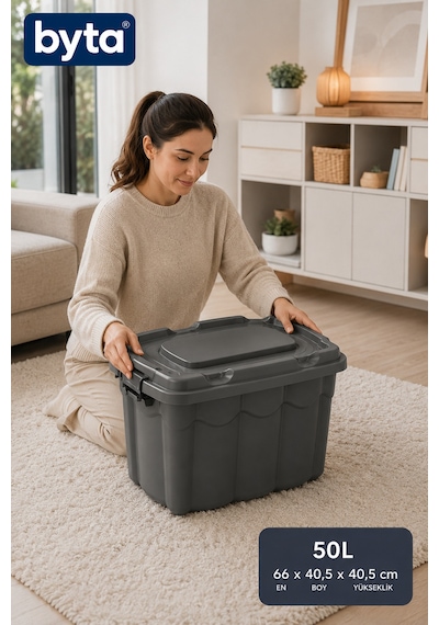50 Litre Kapaklı Büyük Boy Çok Amaçlı Saklama Kutusu Dayanıklı Plastik Organizer Siyah