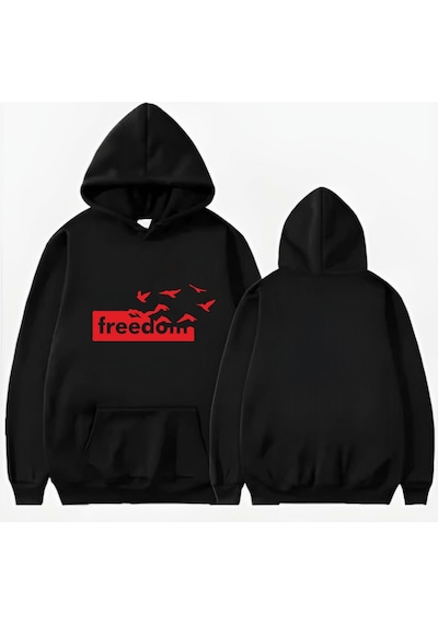 Startmore Freedom Kuş Baskılı Kapişonlu Sweatshirt Siyah