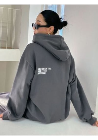 Clayes Effect Sweatshirt - Füme Baskılı Oversize Kapüşonlu Gri