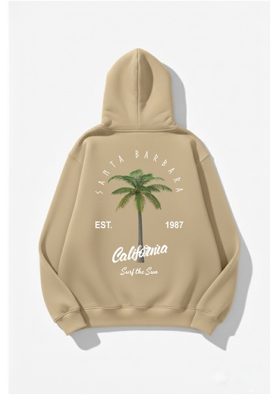 Uyguntarz Unisex Yumuşak Dokulu California Retro Baskılı Tasarım Oversize 3 İplik Hoodie Sweatshirt Bej