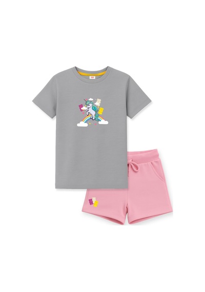 Haribo Lisanslı Unicorn Baskılı Kız Çocuk T-shirt Şort Takım Gri