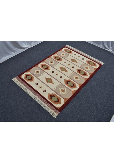 Zehra Abla Halı Yeni El Dokuma Modern Tasarım Geometrik Yün Kilim 7050 Çok Renkli