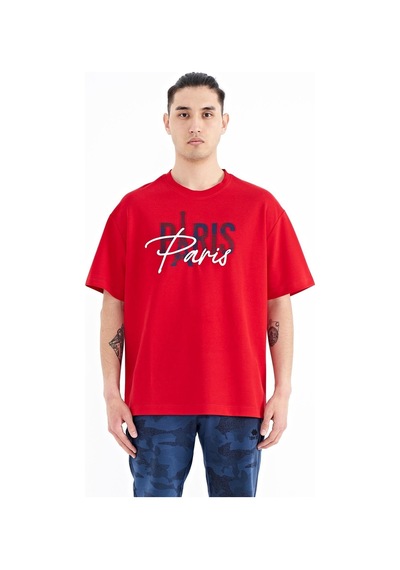 Tommy Life Kırmızı Yazı Nakışlı O Yaka Oversize Erkek T-shirt - 88223 001