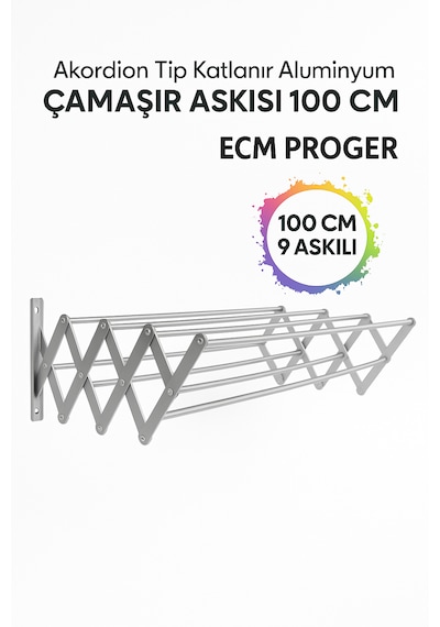 Ecm Proger Akordiyon Katlanabilir Çamaşır Kurutma Askısı - 100 Cm Genişlik 9 Çubuklu Model Açık Gri
