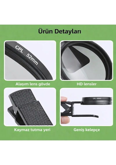 52mm Ultra Clear Cpl Polarize Filtre Klipsli Telefon Lens Yansıma Azaltıcı Siyah