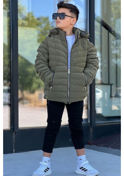 Pina Kids Erkek Çocuk Çıkarılabilir Kapüşonlu Sık Dikişli Nova Kumaş Kışlık Şişme Mont Km4016 Haki