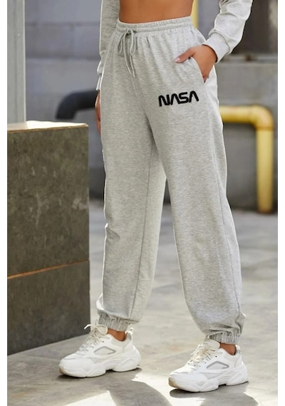 Blackjack Giyim Nasa Baskılı 2 İplik Eşofman Altı Unisex Gri