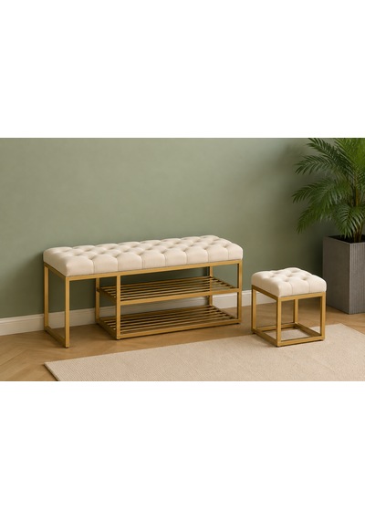 Gold Metal Bench Ayakkabılık Bank, Kapı Girişi Puf Ayakkabılık Krem
