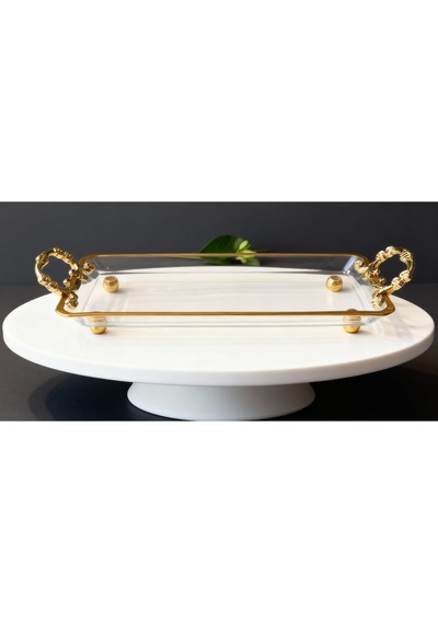 Çnr Home Collection Metal Kulplu Kristal Servis Tabaği Altin