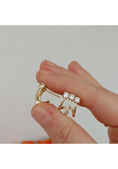 Lente Aksesuar 3'lü Görünümlü Zirkon Taşlı 14k Altın Kaplama Rengi Kadın Küpe Altın - Bej