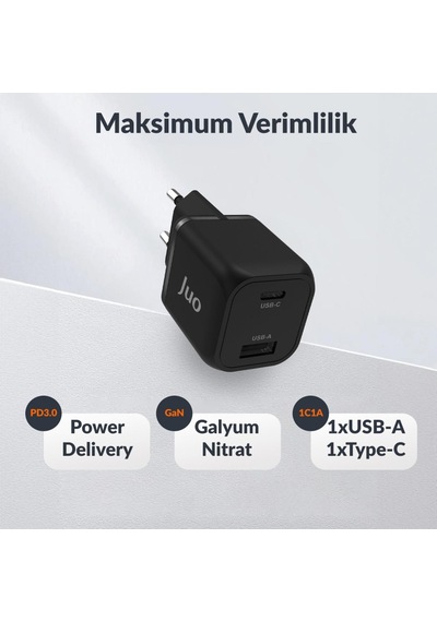 Juo 35W GaN USB C + A Şarj Aleti Apple Uyumlu iPhone & iPad Samsung PPS PD QC4.0 Type Hızlı Cihazı Siyah
