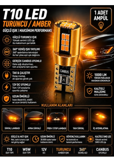 Wy5w T10 Amber Turuncu Led Sinyal Ve Park Ampulü Canbus Hatasız Ultra Parlak 1 Adet