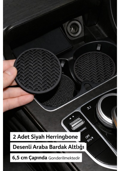 2 Li Siyah Herringbone Desenli Araç Bardak Altlığı 6,5 Cm Oto Cup Holder