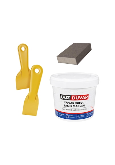 Tr 4'lü Duvar Tamir Seti Beyaz 1000 Gr Dolgu Tamir Macunu + 2 Adet Plastik Spatula + Kübik Zımpara 0.25 KG