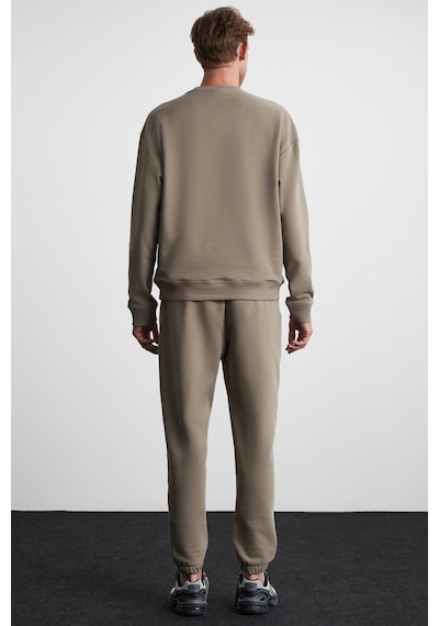 Grimelange Raırok Erkek Içi Polarlı Comfort Oversize Nakışlı Vizon Sweatshirt