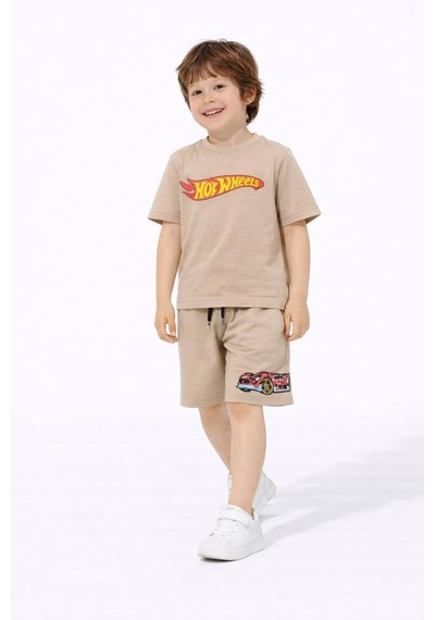 Miniko Kids Erkek Çocuk Hot Wheels Modelli Pamuk Şortlu Takım Bej