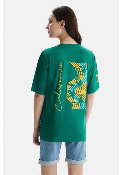 Ucla Paradıso Yeşil Bisiklet Yaka Baskılı Oversize Kadın Tshirt Yeşil