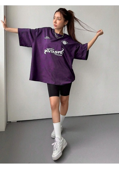 Fantastıc Süprem T-shirt -mor Baskılı Oversize Bisiklet Yaka Tişört Mor