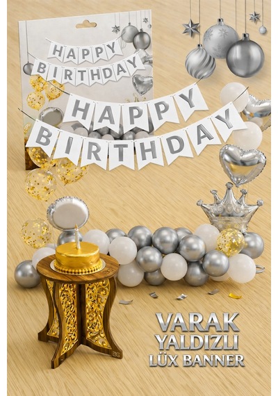 Gümüş Varak Yaldızlı Lüks Happy Birthday Banner - Beyaz Tüm Yaşlar