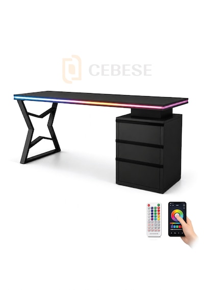 Bilgisayar Masası + Rgb Led - 170 65 77 Cm Kumandalı Ve Telefon Kontrollü Siyah