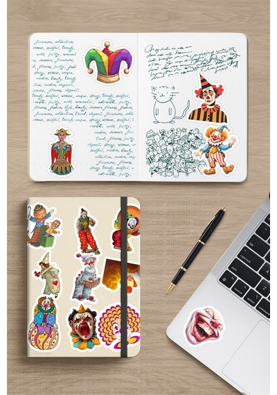 Palyaço Vintage Telefon Laptop Bullet Journal Yapışkanlı Folyo Sticker Paketi 21 Adet Çok Renkli
