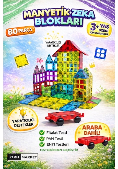Arabalı 80 Parça 7.5cm Büyük Boy  Manyetik Blok Seti | Güçlü Mıknatıslı Zeka Geliştirici Eğitici Oyuncak
