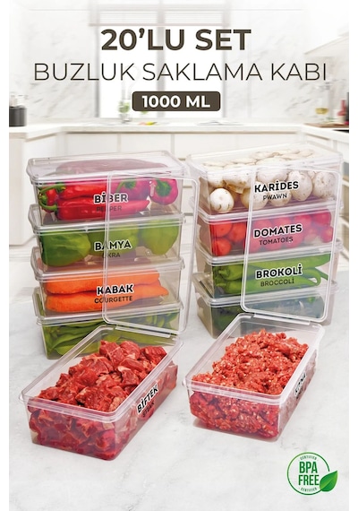 Kitchen Life 20 Adet 1000 ML Kapaklı Derin Dondurucu Difriz Saklama Kabı -  Buzdolabı Düzenleyici Buzluk Erzak Kabı Şeffaf