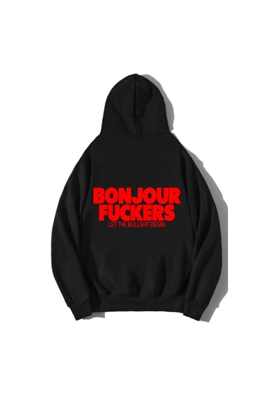 Brz Collection Unisex Oversize Arka Baskılı Bonjour Fuckers Hoodie Siyah
