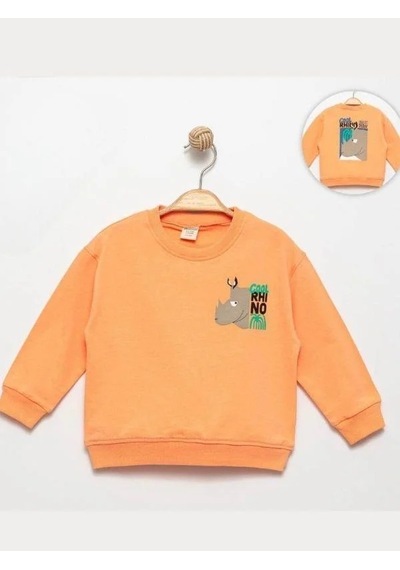Zekids Erkek Çocuk Cool Rhino Baskılı Pamuklu Sweatshirt-14202 Turuncu