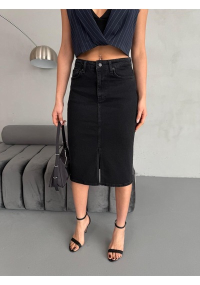 Zeo Basic Yırtmaçlı Midi Boy Likralı Jean Etek Siyah+Füme