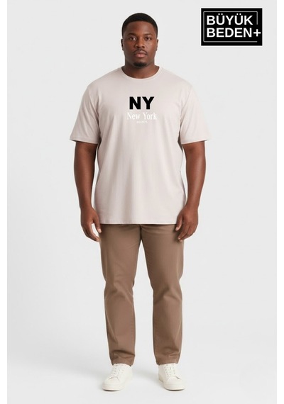 Superlife Erkek Büyük Beden Ny New York Baskılı 3xl-6xl Bisiklet Yaka Tshırt Spr26bts510-15 Ekru