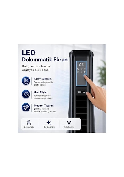 Turbo Smart Akıllı Fan Auhma Led Ekranlı Kumandalı 90 Hareketli Serinletici Soğutucu Kule Tipi Vant