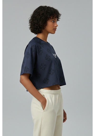 Soft&Basic Kadın 2'li Nakışlı %100 Organik Pamuk Bisiklet Yaka Kısa Crop T-shirt Lacivert-lacivert