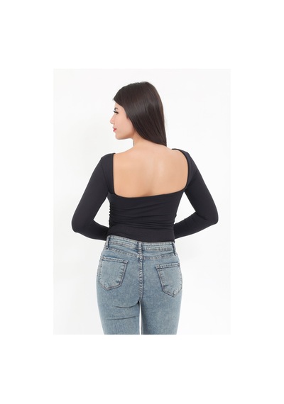 Giysa Kadın Siyah Sırt Dekolteli Uzun Kollu Çıtçıtlı Esnek Zıbın Body - 2440 Siyah