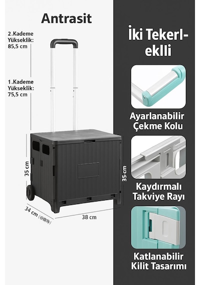 Valkyrie Katlanabilir İki Tekerlekli Alışveriş Ve Depolama Çantası Kapaklı Teleskopik Çekme Kolu Kamp Plaj Çok Amaçlı