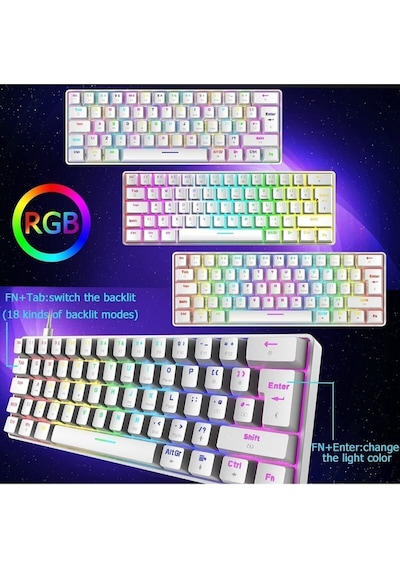 Trol Red Switch Mini Rgb Oyun Klavyesi Gaming Mekanik 62 Tuşlu 18 Led Usb Type-c Kablosu Beyaz Lcd