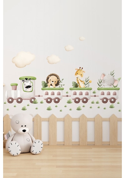 Tren Ve Hayvanlar Temalı Sticker Çocuk Odası Duvar Süsü 30x100 Cm Eğlenceli Sticker Seti
