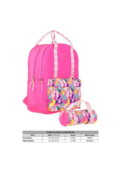 Kaukko İkili Okul Çantası Seti - Okul Çantası+kalemlik - Pembe - Yaprak Desenli - Kız Çocuklar İçin Pembe