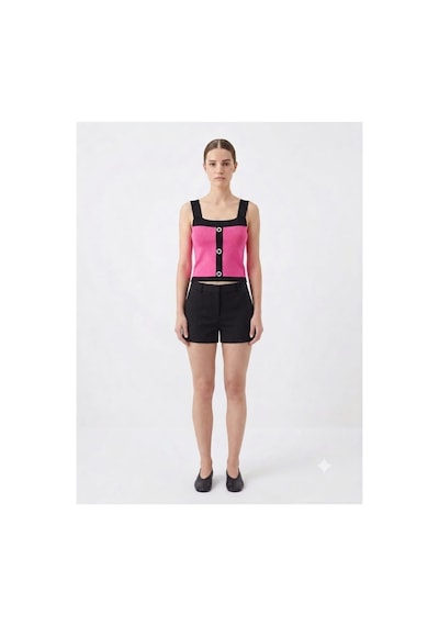 Onno Style Women Kolsuz Askılı Düğme Detaylı Kadın Triko Bluz Pembe