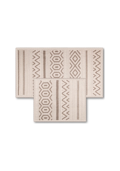 Bluenity Hat Doğal Pamuklu 2'li Banyo Kilim Seti 60x100+50x60 Cm - Bej