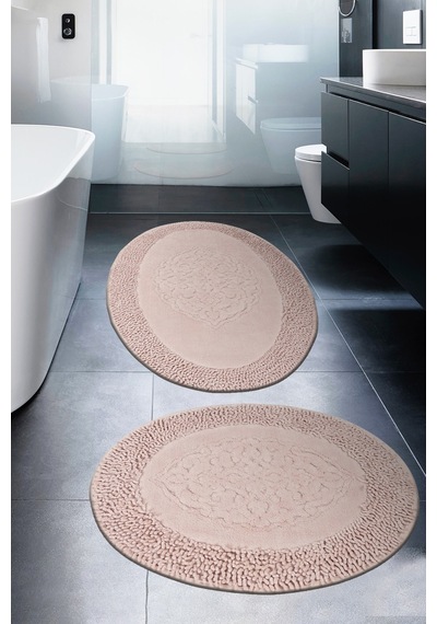 Tiffany Oval 2'li Pamuklu Klozet Takımı Pudra Banyo Paspas Seti 60 x 100 / 50 x 60 CM Pudra