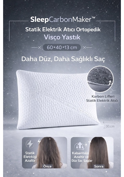 SleepCarbonMaker™ Statik Elektrik Atıcı Ortopedik Visco Yastık 60*40*13 Daha Düz, Daha Sağlıklı Saç