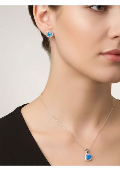 Oya Silver Mini Kare Beyaz Işıltı Çevrili Opal Gümüş Kadın Kolye Küpe Set