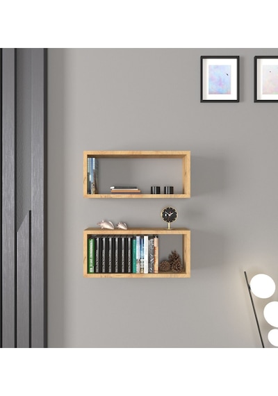 Stiva 2'li Dikdörtgen Ahşap Duvar Rafı Uçan Raf Banyo Mutfak ... Atlantik Çam