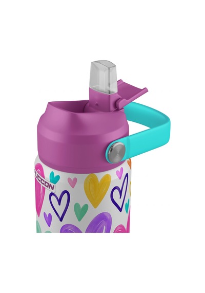 Puccon 540 Ml Kalp Desenli Mor - Pembe Kız Çocuk Pipetli Çelik Termos Matara/suluk - 60062