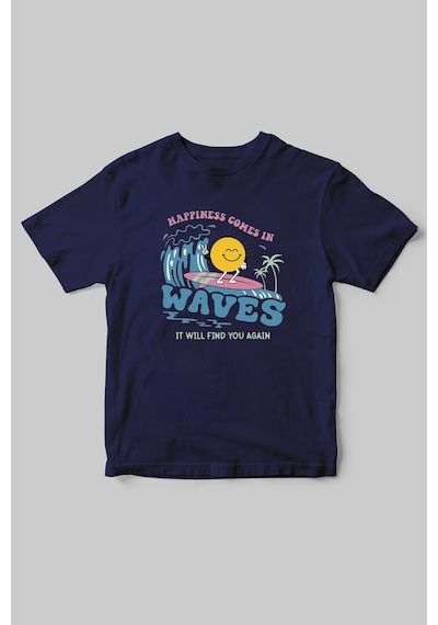 Denizde Sörf Güneş Baskılı Yazlık %100 Pamuk Lacivert T-shirt Lacivert